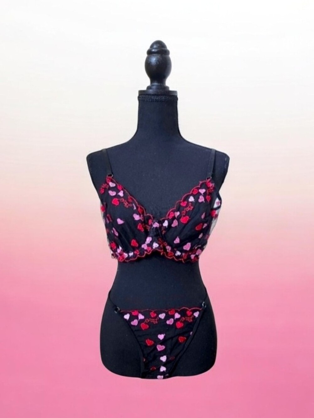 Heart Patterned Black and Pink Lingerie Set L
